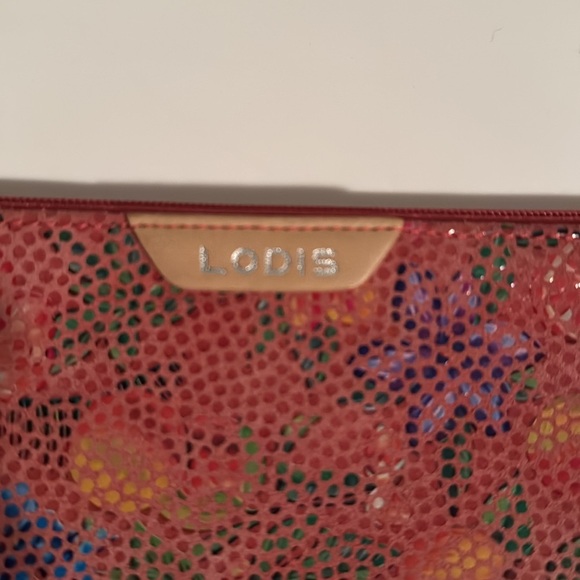 LODIS Leather Pouch Womens Pink/Multi Floral Zip top makeup bag Cords Travel - Picture 2 of 7